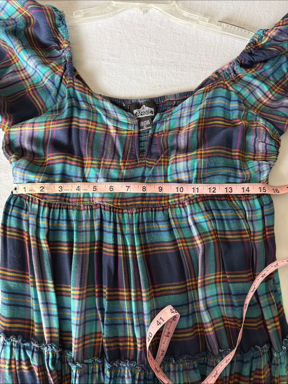 Angie Plaid Tiered knee length Dress in Teal and Navy Size L - Picture 6 of 6